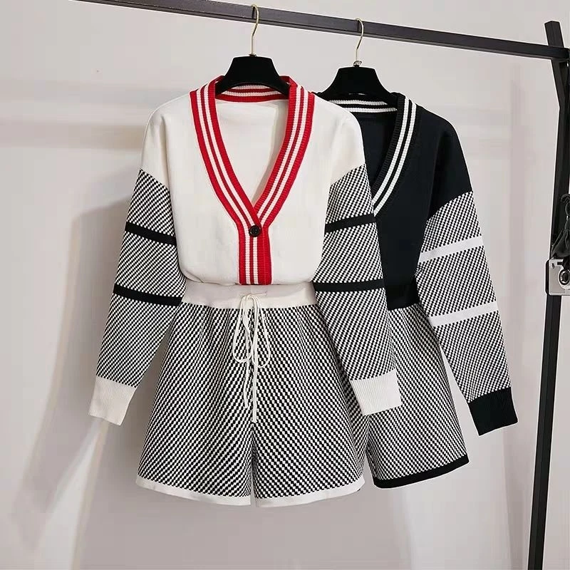 Casual Stripe Splicing Knitted Two Piece Sets Women Fashion Loose Autumn Long Sleeve Top Shorts Sets Korean Street Cardigan Suit plus size bra and panty sets