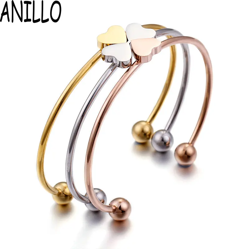 ANILLO 3 шт./компл. Для женщин «любящее сердце», Bracelet& Bangle, вечная любовь четырехлистного клевера модные Нержавеющая сталь микс ювелирные изделия - Окраска металла: silver gold rose