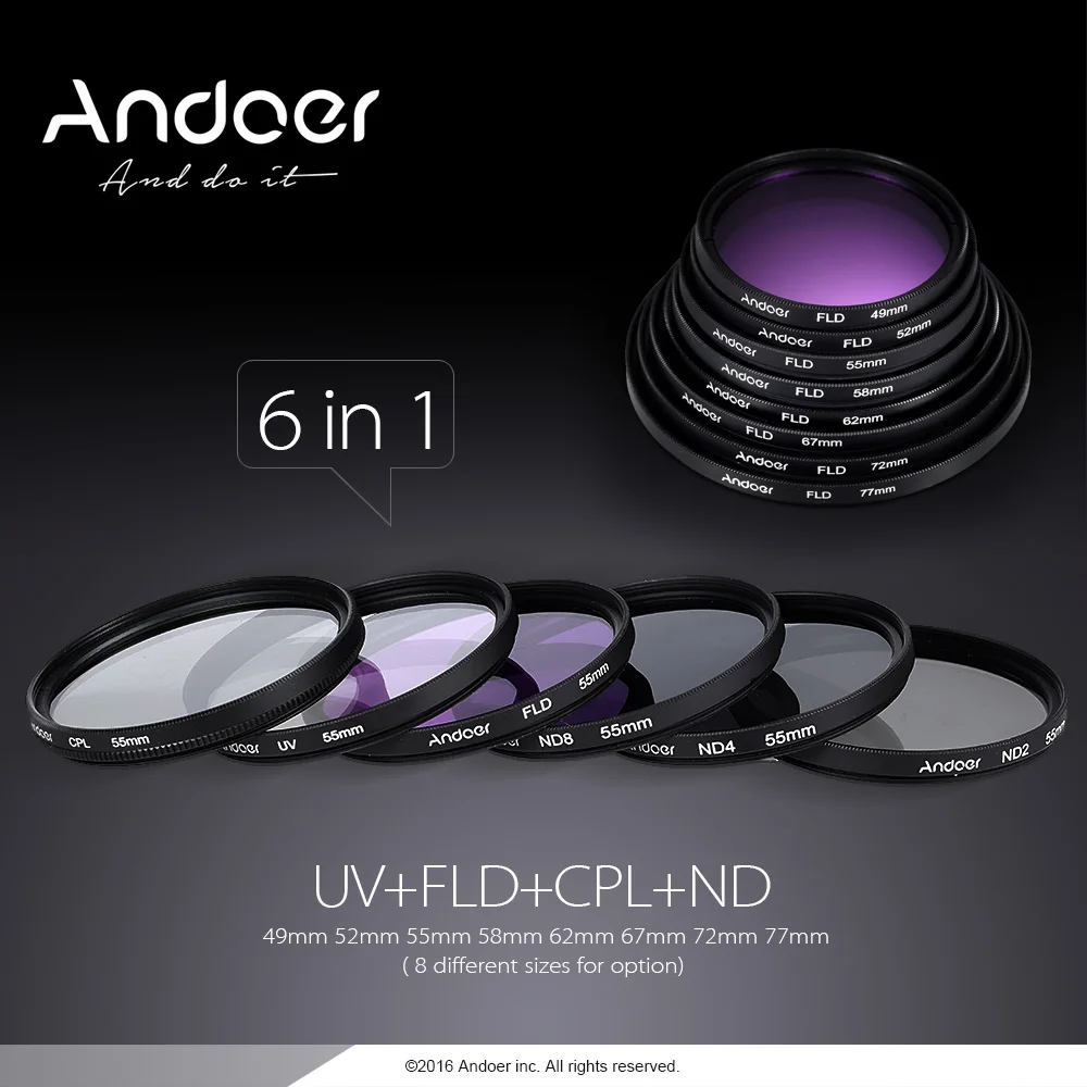 Andoer 77 мм набор фильтров для объектива UV+ CPL+ FLD+ ND с чехлом для переноски/крышкой объектива/держателем/тюльпаном и резиновыми блендами для объектива/чистящей салфеткой