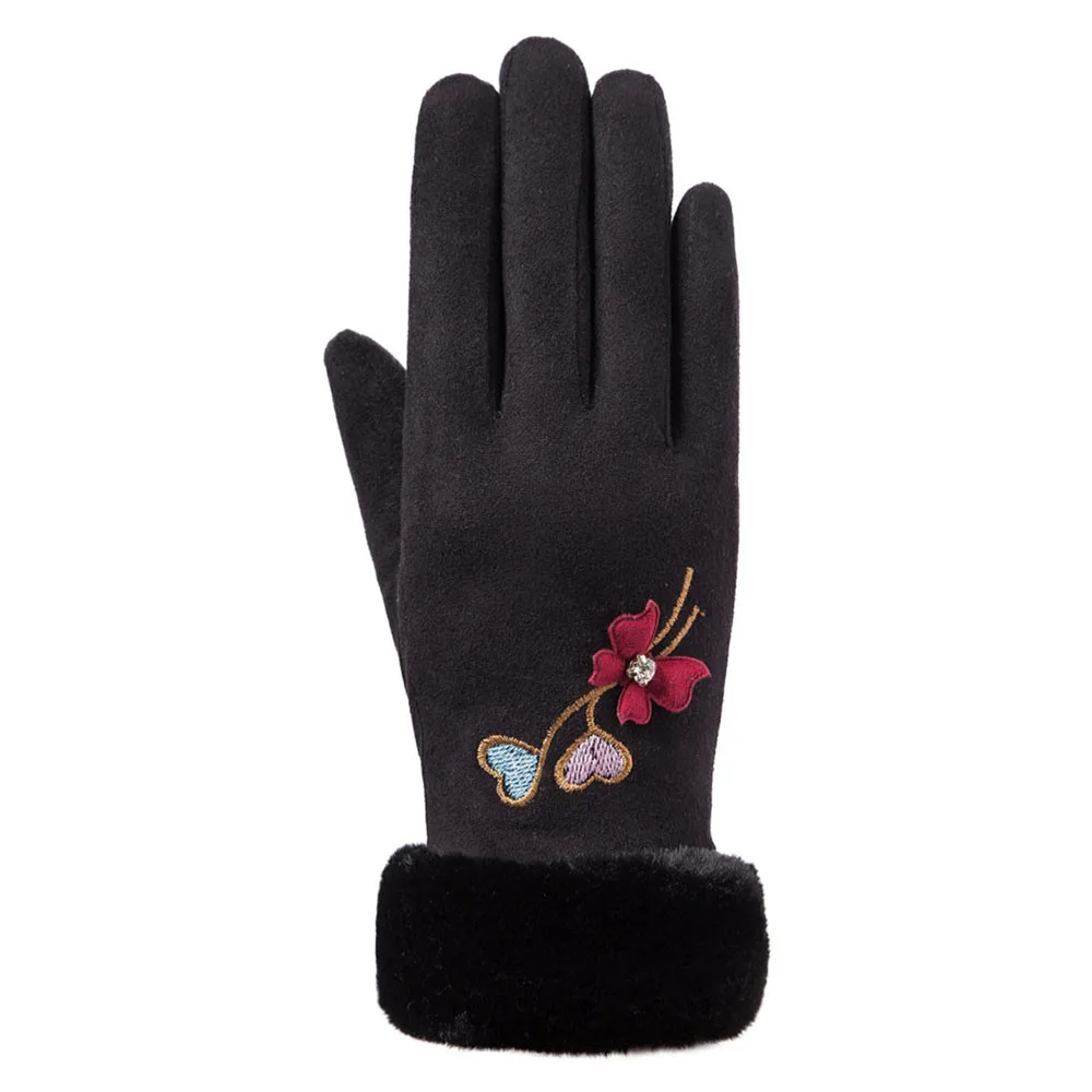 black 1 пара, модные женские зимние теплые перчатки с вышитыми цветами, перчатки для вождения, перчатки для сенсорного экрана - Цвет: black