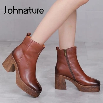 

Johnature Ankle Women Boots Plush 2020 New Winter Genuine Leather Women Shoes Round Toe Zip Handmade Leisure Platform Boots