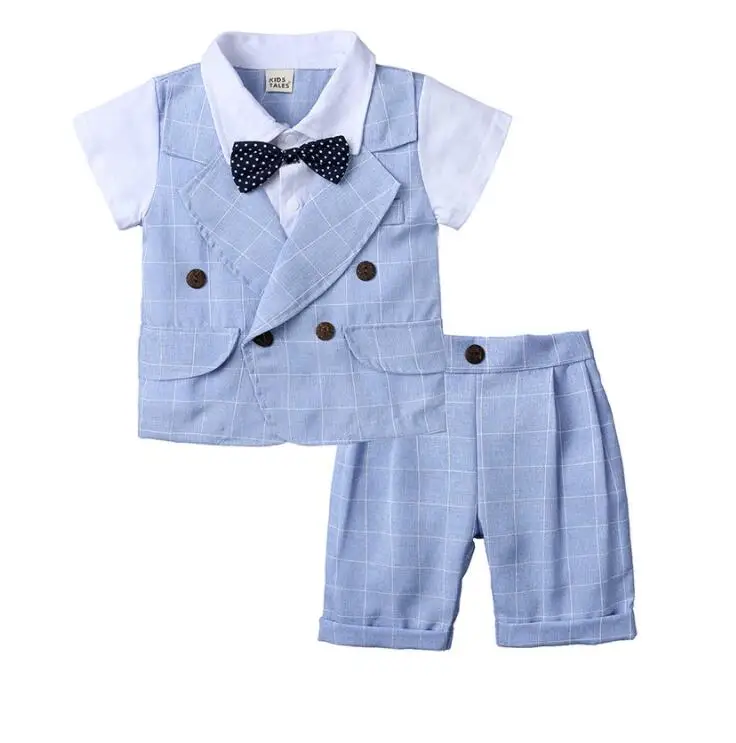 2020 NEW Kids Boys Clothes Set Summer Children Clothing Short Sleeves Gentleman Bow Shirts+Plaid Shorts Suits Toddler | Детская одежда