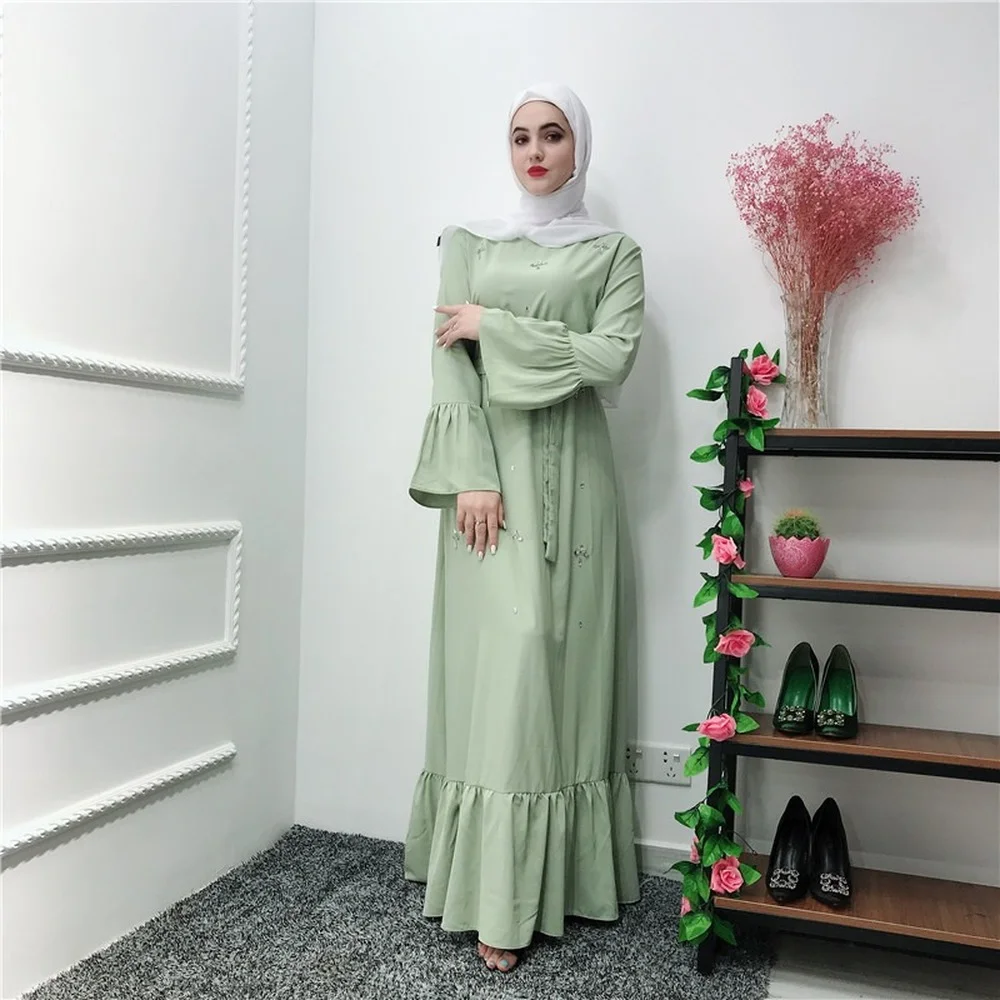 New Hand Made Diamond Beading Muslim Peignoir Robes Dubai Fashion Female Full Length Ruffles Abaya Dress with Belt 2021 | Тематическая