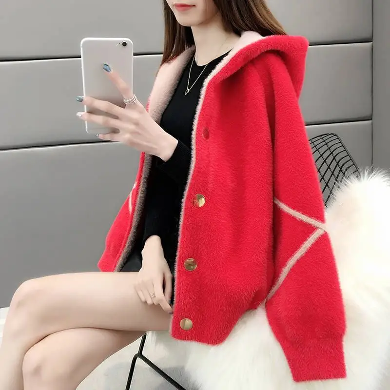 red Новинка, женский свободный корейский стиль, искусственный норковый свитер с капюшоном, кардиган, пальто, женская повседневная верхняя одежда, шерстяное пальто, шерстяная куртка K100 - Цвет: red