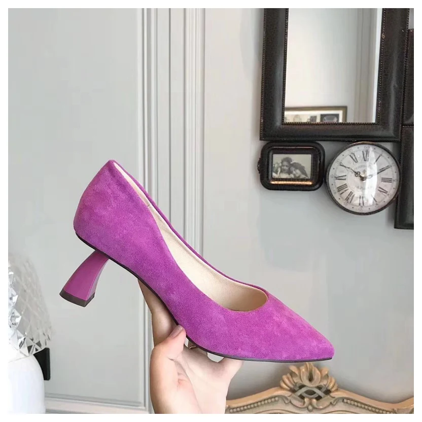 Женская обувь; туфли-лодочки с острым носком на низком каблуке; Рабочая обувь; модные брендовые офисные женские туфли-лодочки на толстом каблуке; Базовая замшевая обувь для платья - Цвет: Fushia