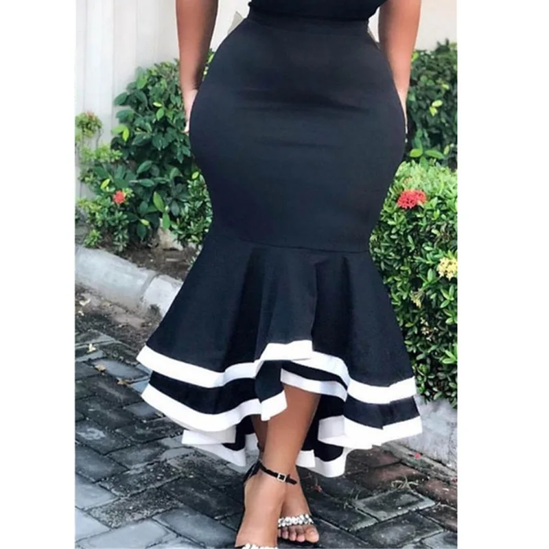 

Long Mermaid Skirt Women High Waist Fishtail Trumpet Ruffles Patchwork Plain Elegant Work Business 2020 Summer Female Skirt