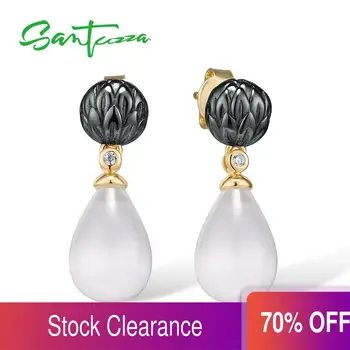 

SANTUZZA Silver Earrings For Women Pure 925 Sterling Silver Created White Cat's Eye Stone Dangling Earrings Fashion Jewelry