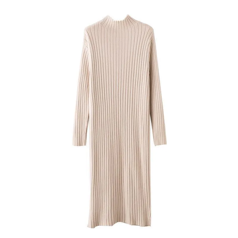 Basic Turtleneck Straight Knitted Dress Women 2019 Casual Fashion Elasticity Maxi Split Party Dress Winter Warm Sweater Vestito
