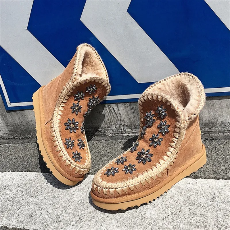 Kaufen High Top Bling Bling Pelz Müßiggänger Schuhe Winter Frauen Perlen Wohnungen Damen Slip auf Wolle Schuhe Komfort Gummi Sohle schnee schuhe