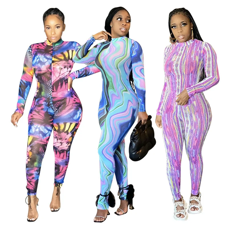 

New Arrival Autumn Women Jumpsuit Hot Style Tie-dye Print Striped Zipper Long-sleeves Skinny Polyester Spandex Sexy Rompers