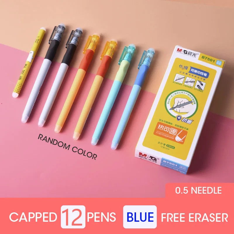 Andstal эргономичная стираемая ручка 0,5 мм M& G стираемая гелевая Заправка для ручек черные, голубые чернила с ластиком гелевая ручка для школы офисные принадлежности - Цвет: 12PCS CAPPED BLUE
