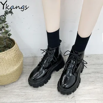 

Punk Goth High Heels cowboy Platform Boots Women's Autumn Black Patent Leather ankle boots 2020 Fashion Lace Up Shoes Lady mujer