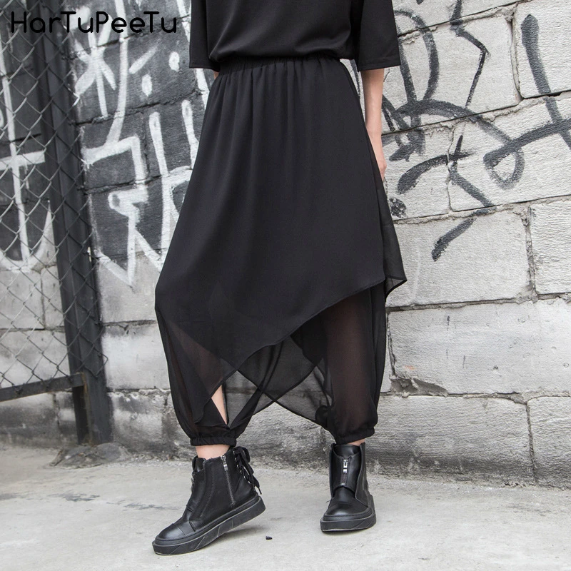 

Chiffon Hip Hop Pants Women 2020 Summer Wide Leg Trouser Irregular Plus Size Loose Casual Inner Split Elastic Waist Bunch Bottom