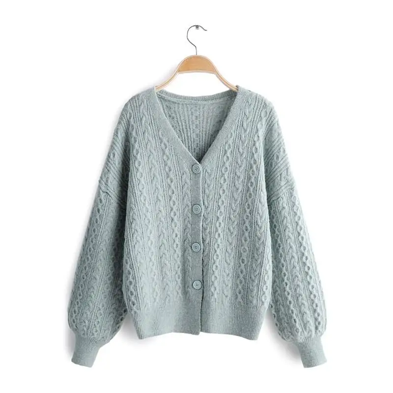 Autumn Winter Women Solid Loose Sweaters Lantern Long Sleeve Knitted Coats Casual Button V-Neck Cardigans |