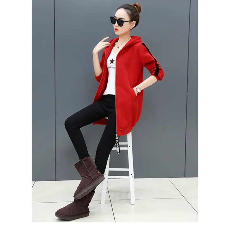 

2020 Korean fashion women sweatshirt version of autumn and winter mid-length loose Solid color zipper Long sleeve women hoodies