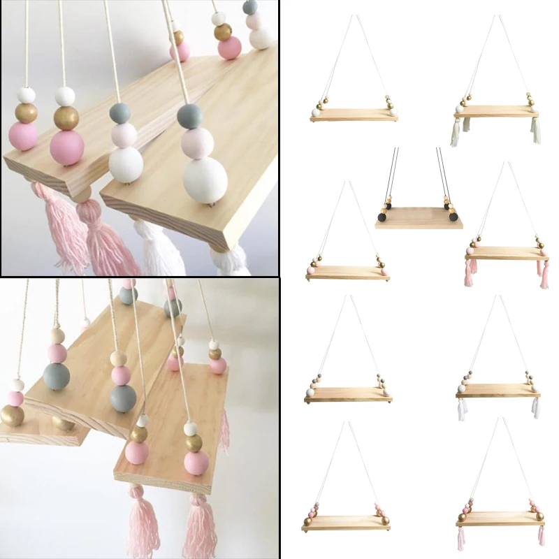 Bedroom Wall Hanging Ornaments Tassel Beads Pendant Wooden Board Storage Shelf Rack Photo Props Kid Room Home Decoration A | Дом и сад