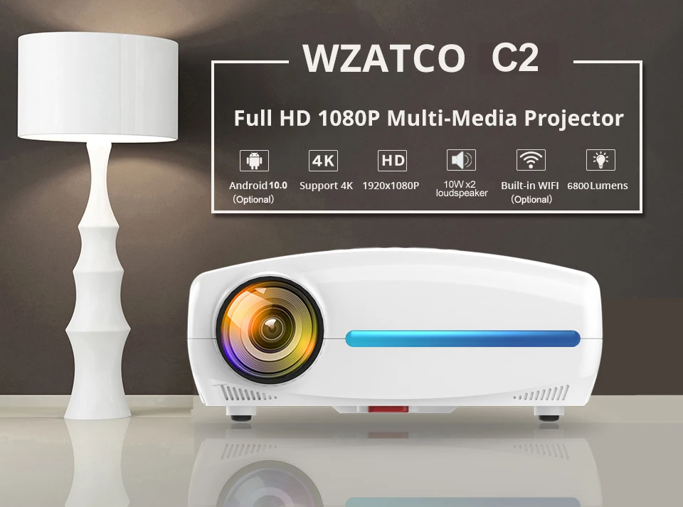 WZATCO C2 1920*1080P Full HD 200inch AC3 4D keystone LED Projector android 10.0 Wifi Portable 4K Home theater Beamer Proyector