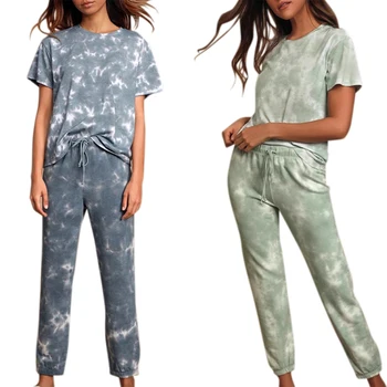 

Women O-Neck Tie Dye Pajamas Short Sleeves Ankle-Length Pants Pants 2 Piece Pajamas Set Women's Two Piece