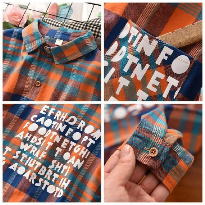 Boys' shirt Spring and autumn Style boys' plaid lapel long-Sleeve plaid Shirt Boys' letter Shirt Casual wear