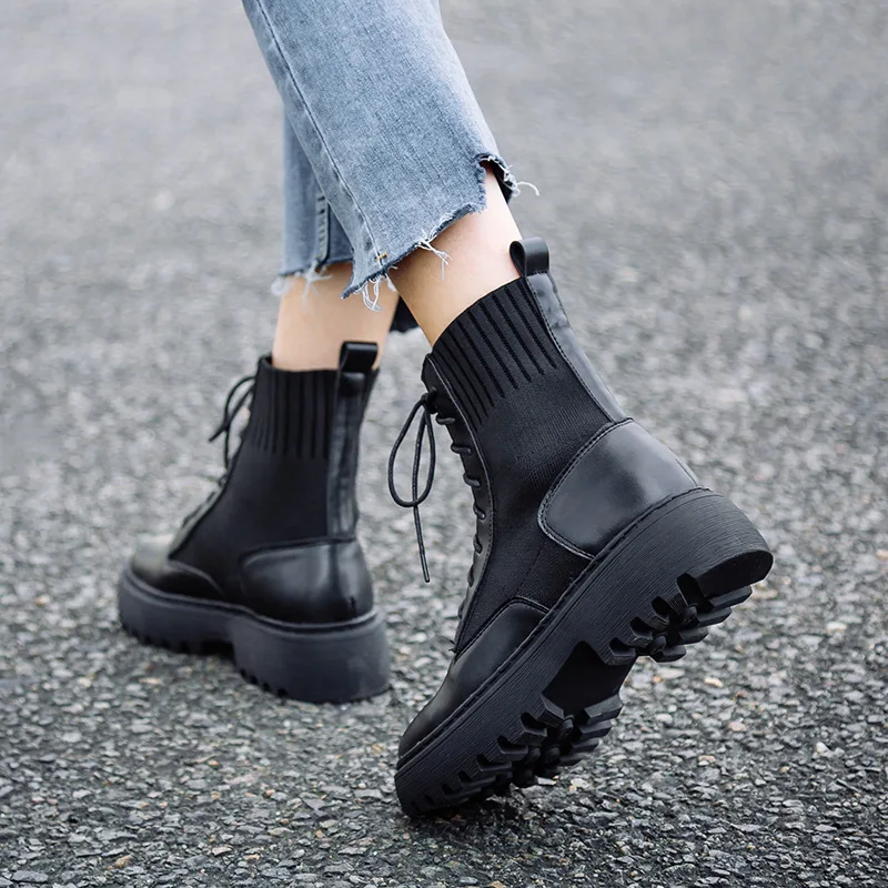 

Bootee Woman 2019 Women's Rubber Boots Winter Shoes Round Toe Chunky Heel Booties Ladies Lace Up Rain Rock Lolita Stockings Med