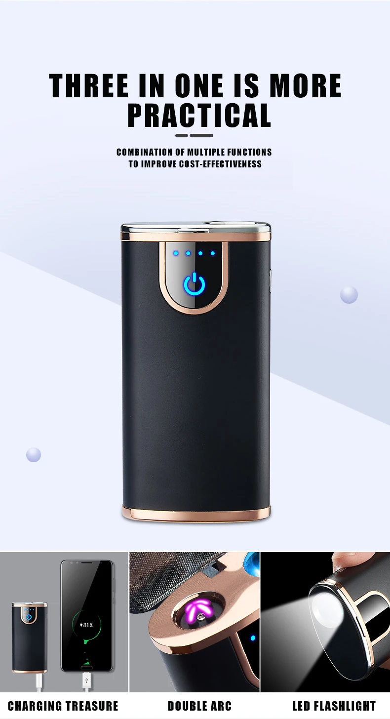 Lighter Rechargeable Windproof Cigarette Dual USB Electric Lighter Flameless Electronic Gadgets LED Spotlight Portable Charger