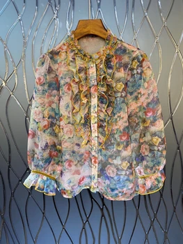 

2020 Early Autumn New Women's round Neck Wooden Ear Irregular Stitching Printing Color Matching Long Sleeve Button Shirt 811