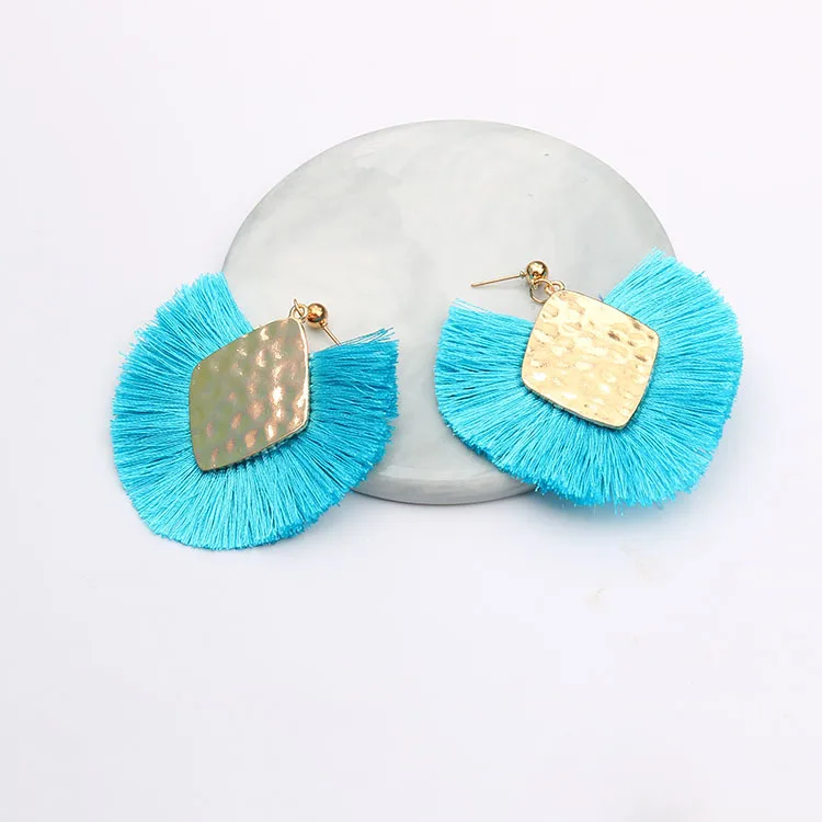 blue Bohemian Fanshaped Tassel Earrings Statement Korean Earrings Indian Boho Fashion Jewelry Orecchini Donna Kolczyki Damskie - Окраска металла: blue