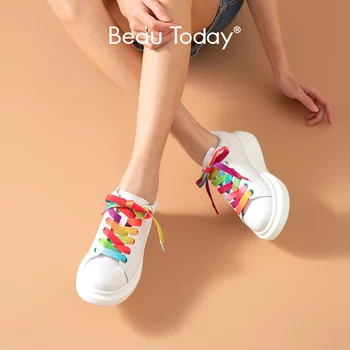 

BeauToday White Sneakers Women Genuine Leather Rainbow Lace-Up Closure Spring Autumn Ladies Casual Thick Shoes Handmade 29070