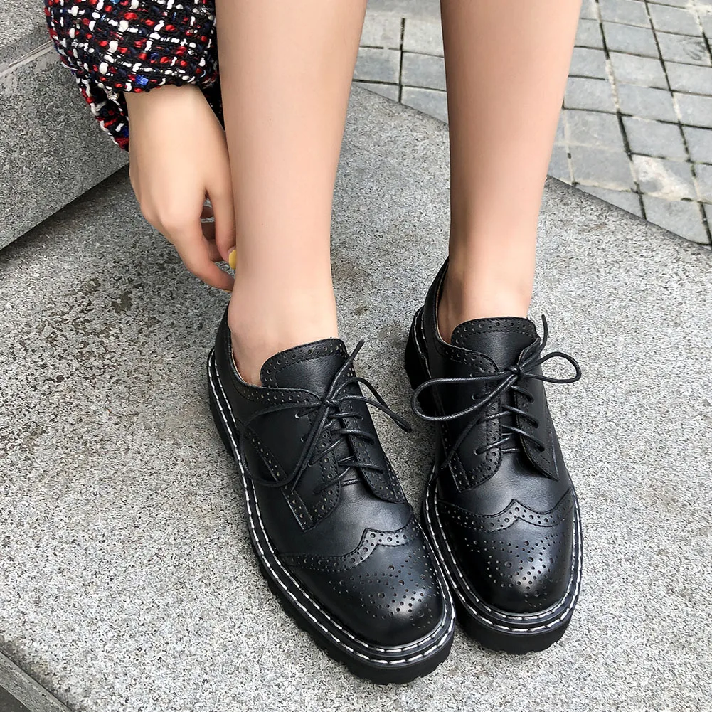 

Lapolaka Brand 2019 Big Size 43 Genuine Leather Retro Brogue Shoes Woman British Style Shoelaces Casual Shoes Women Boots