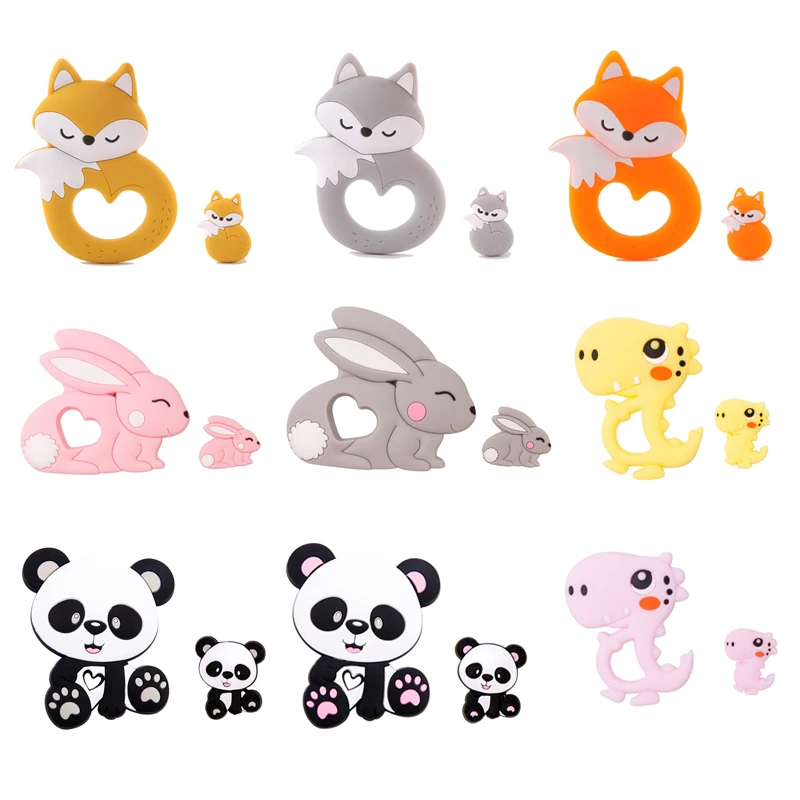 

2pc/Set Baby Teether Silicone Animal Big And Small Suit Dinosaur Fox Beads Baby Teething Toys Pendant Tiny Rod Silicone Teethers