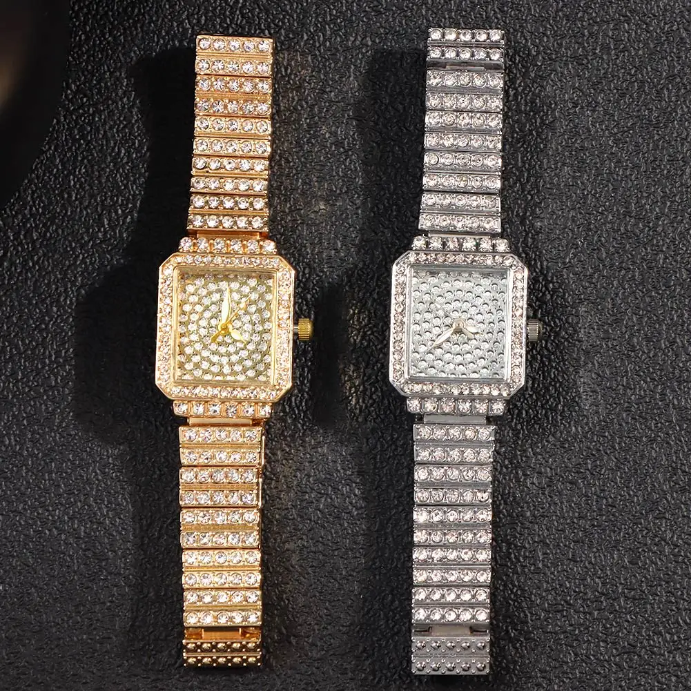 Iced Out Rose Gold Silver Color Watch Women's Luxury Rhinestone Cuban Chain Bracelet Watches Fashion Wrist Watch Hip Hop Jewelry