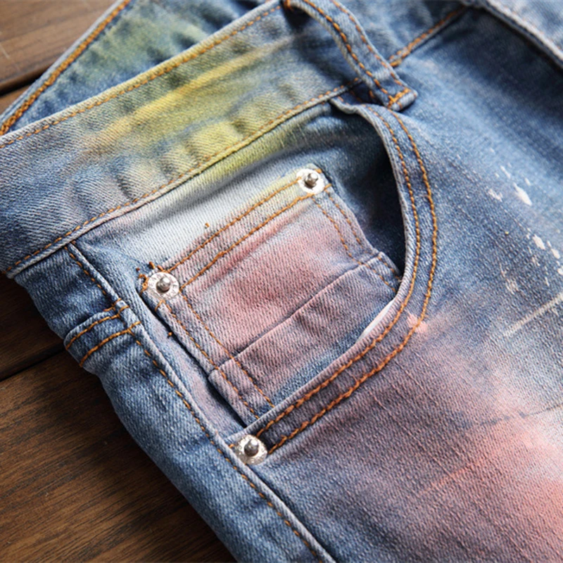 Pantalones con estampado de colores para hombre, vaqueros insignia Y2K, rasgados, elásticos retales|Pantalones vaqueros| AliExpress