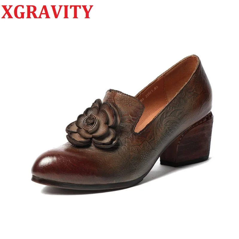 

XGRAVITY New Original Hand-Made Genuine Leather Shoes Pointed Toe FLower Chunky Heel Pumps Genuine Leather Women Shoes Lady C133