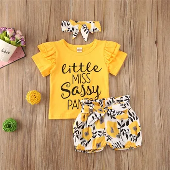 

0-24m Newborn Baby Girls Outfits 3-Piece Set Summer Letter Print Short Sleeve T-Shirt + Shorts + Bow Headscarf Baby Girls Suit