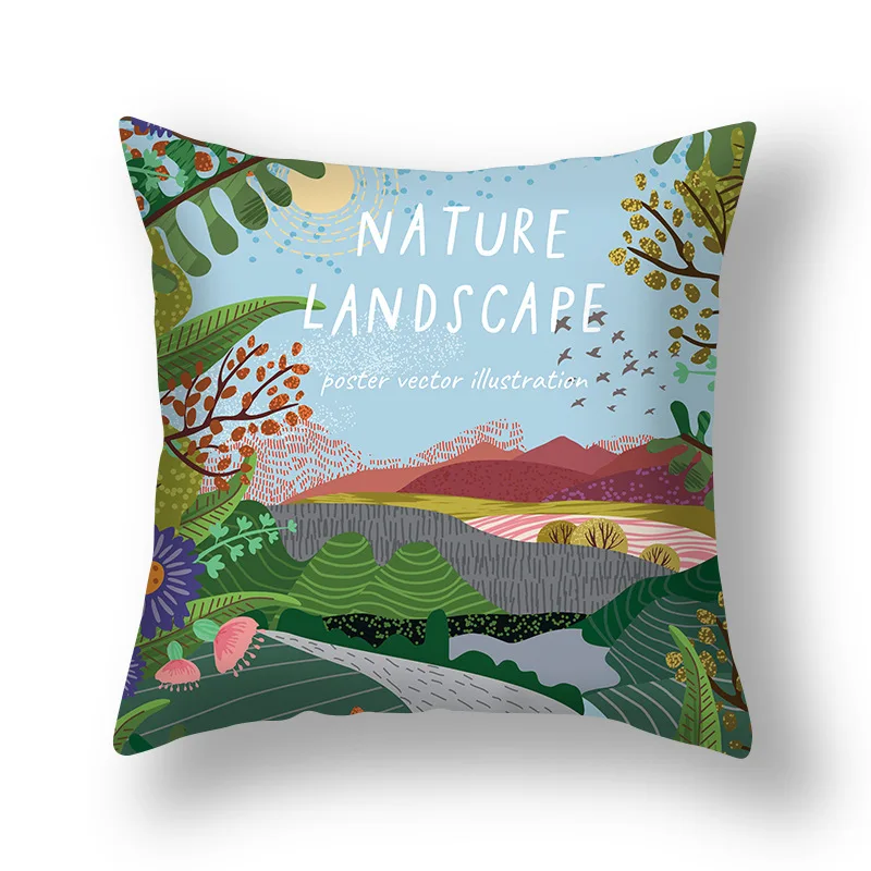 

Scenery Pattern Cushion Cover Pillowcases Cover Simple Peach Skin Home Pillow Case Geometry Printed Sofa Bedroom Soft Decoration