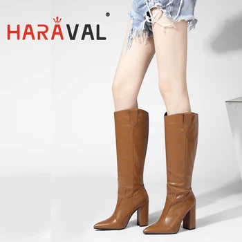 

HARAVAL Women Knee High Boots Thick Heel Pointed Toe Fashion Sexy Lady Winter Autumn Shoes Chelsea Boots Black Brown White E185L