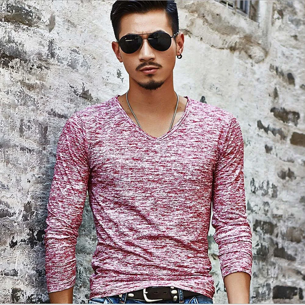 

men t shirt streetwear 2019 fashion top solid color v nevk slim fit long sleeve tshirt men clothes