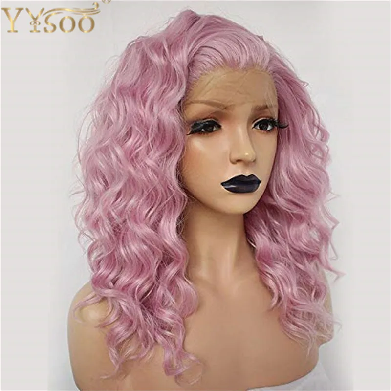 YYsoo 13x4 Синтетические волосы на кружеве парики Короткие Розовые синтетические Синтетические волосы на кружеве парики розовый вьющиеся парик для Для женщин повседневные Применение Термостойкое волокно
