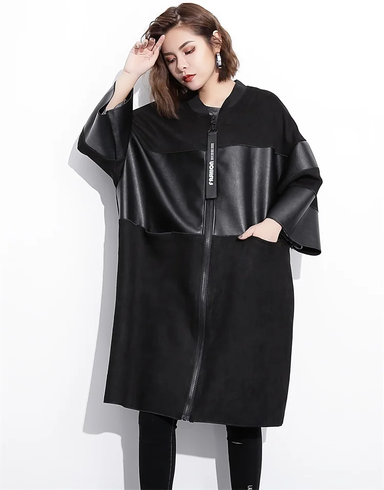 Best  [EAM] Loose Fit Black Pu Leather Spliced Big Size Jacket New Stand Collar Long Sleeve Women Coat Fa