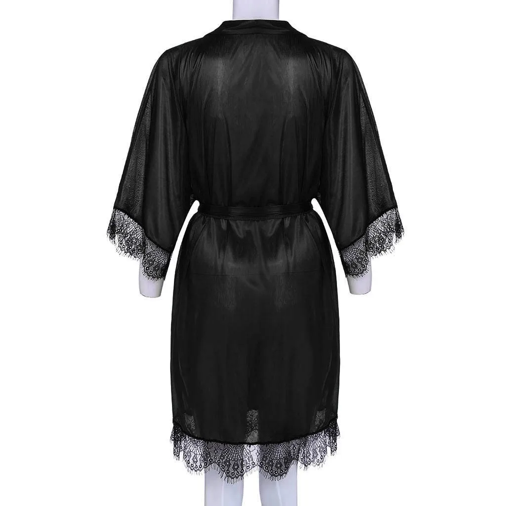 Модные женские сексуальные черные шелковые шелковый халат кимоно кружевное нижнее белье боди Ночное белье кружевное нижнее белье biancheria da notte