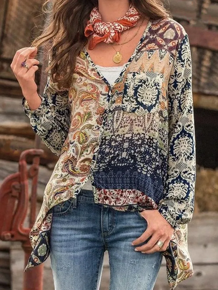 5XL размера плюс Boho женские топы и блузки с длинным рукавом модные V образным вырезом для отдыха женские рубашки топы винтажная одежда