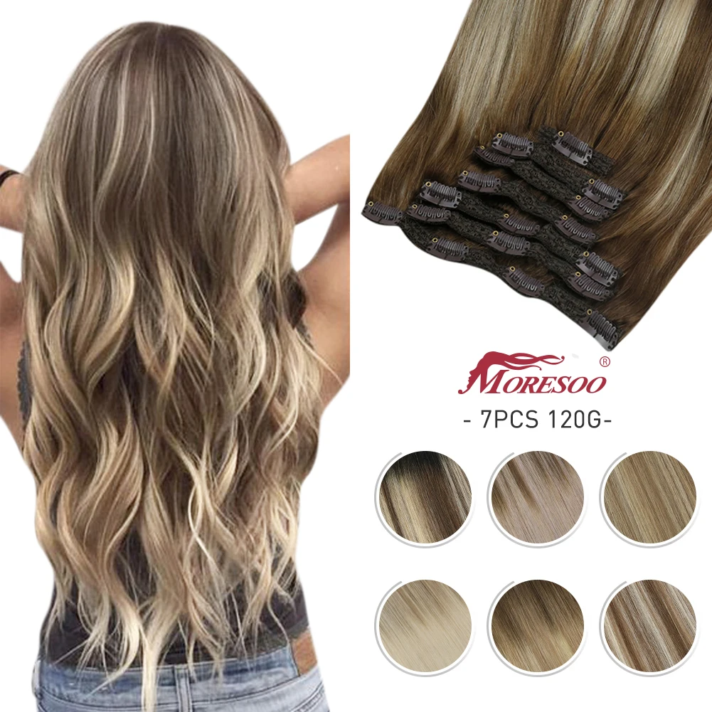 [Hot Sale] Moresoo Clip in Human Hair Natural Hair Extensions Full Head Machine Remy Straight Set 7 Pcs Double Weft Brazilian