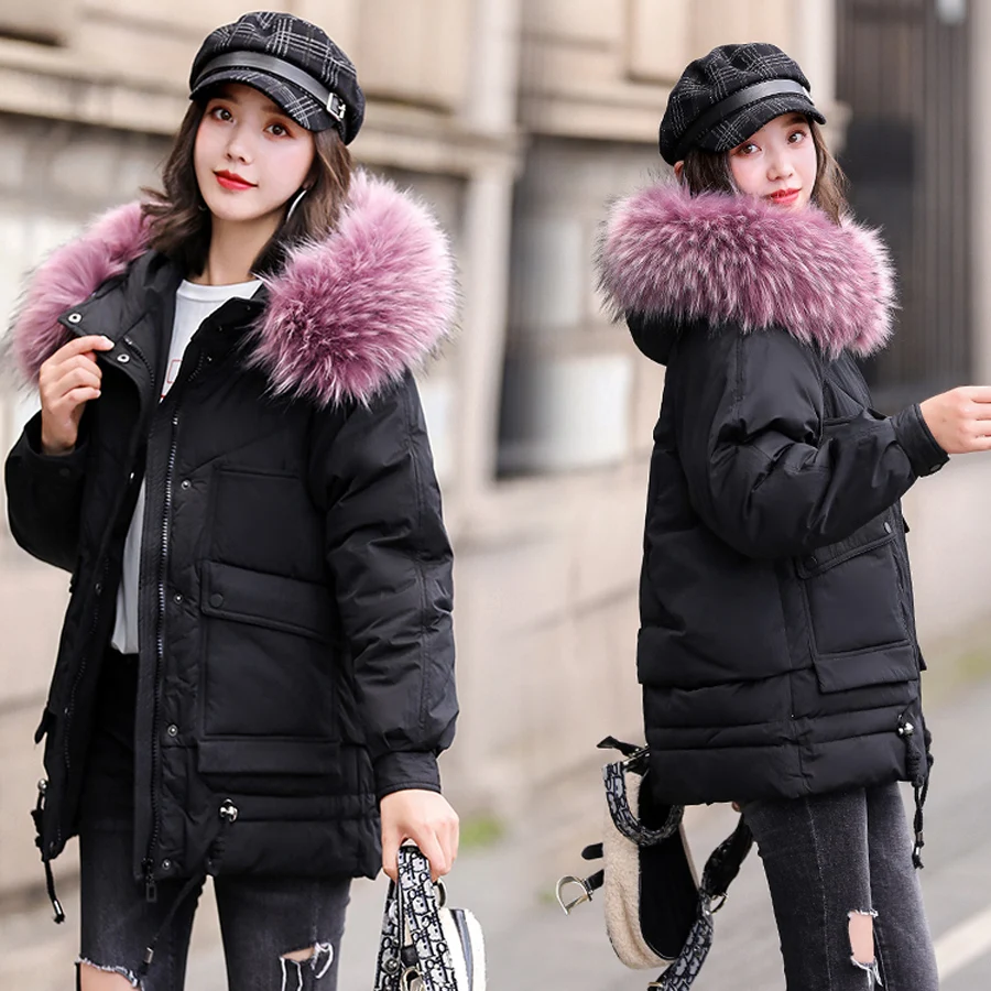 Зимнее пальто женский меховой воротник с капюшоном утепленная теплая хлопковая стеганая Женская куртка зимняя верхняя одежда больших размеров chaqueta mujer - Цвет: Black