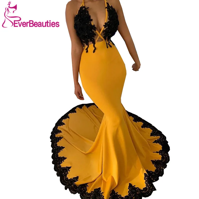 

Robe De Soiree Mermaid Yellow Evening Dresses Long 2020 V-Neck Evening Gown Satin Appliques Abiye Vestido De Festa