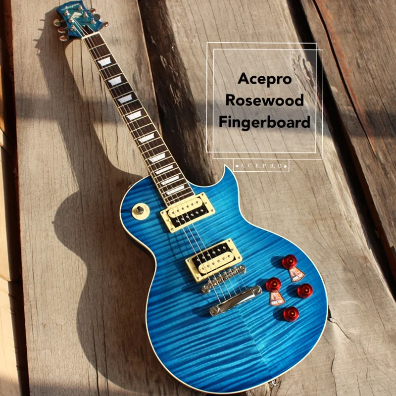 

High quality Transparent Blue Acepro Electric guitar, 2 piece Mahogany body & 5A Flamed Maple Top, Chrome Hardware