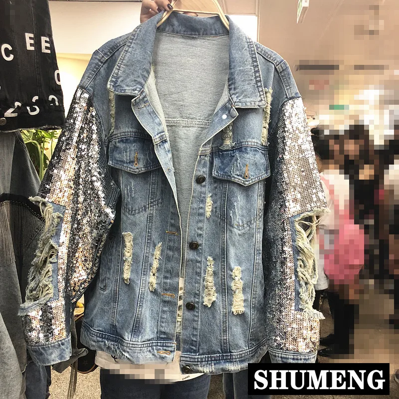 

2019 Spring New Heavy Industry Sequins Denim Jacket Women Loose Jeans Coats Outwear Holes Girls Lady Cowboy Jackets Streetwear