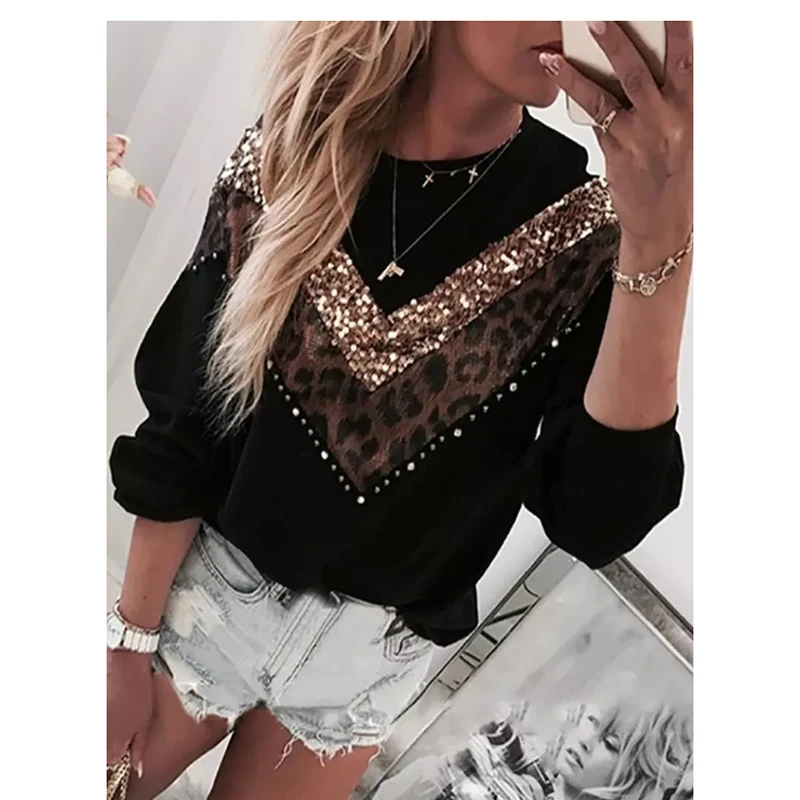 

2020 New Women Pullover Sweater Autumn Winter Leopard Sequins Splice Loose Long Sleeve Patchwork Shirts Casual Blouse Ladies