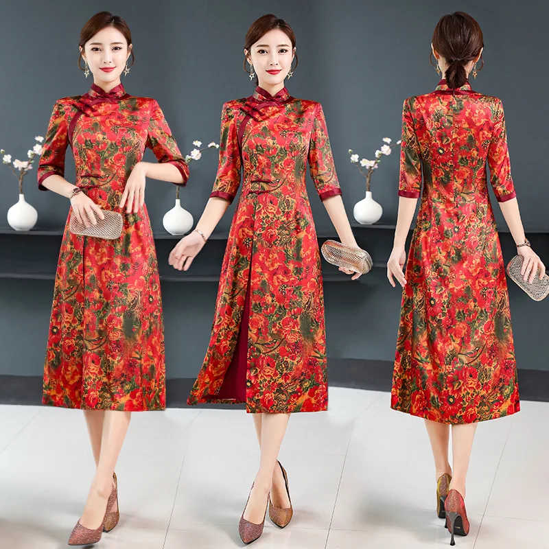 

Improved Cheongsam Daily Life Spring And Summer Mid-length Real Silk Mulberry Silk New Dress Women's Chinese-style