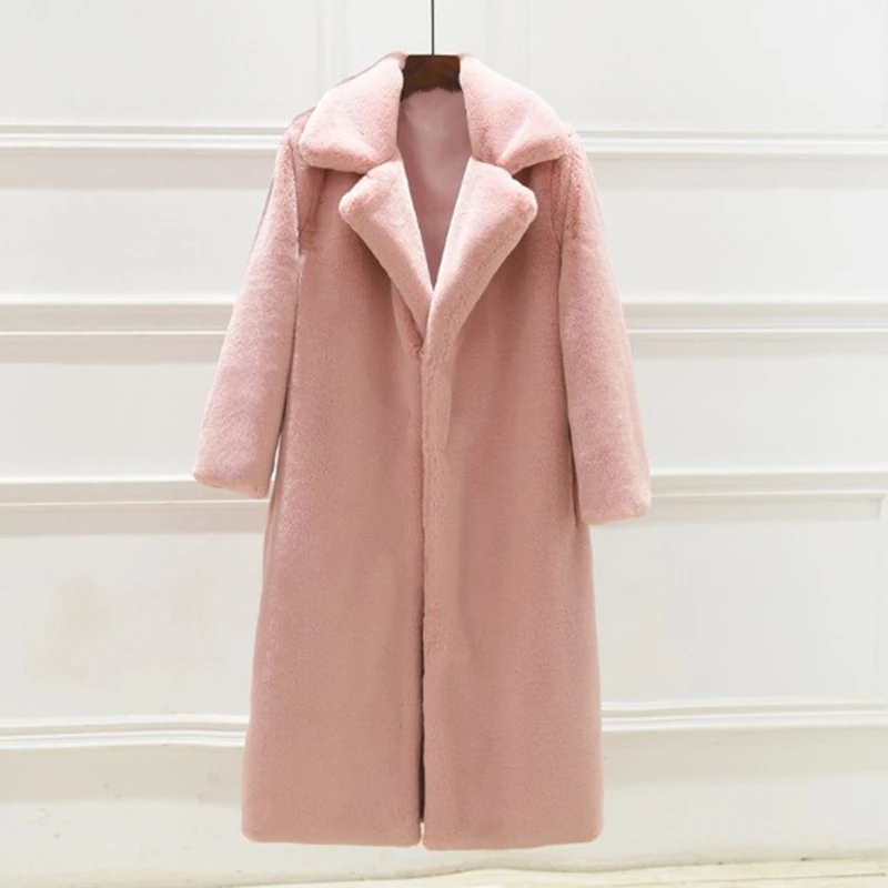 Pink Зимнее длинное толстое Женское пальто из искусственного меха с плюшевым мишкой, пушистые теплые розовые меховые куртки с отворотом для женщин размера плюс, желтое пальто - Цвет: Pink