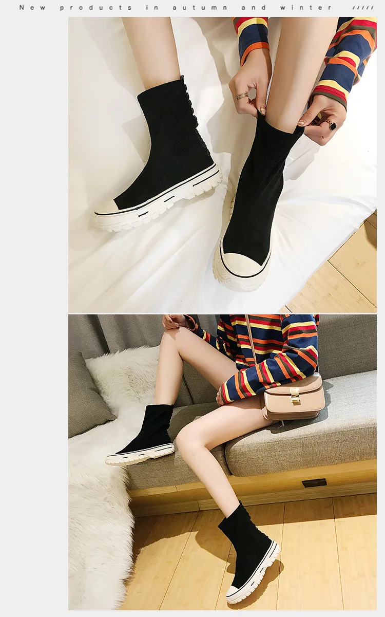 Женские эластичные ботинки на платформе; Zapatos de mujer; повседневные ботинки из флока средней высоты; модные однотонные полусапожки из флока без застежки